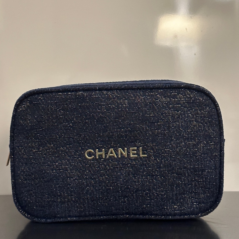 Chanel makeup / cosmetic bag in navy and gold tweed.